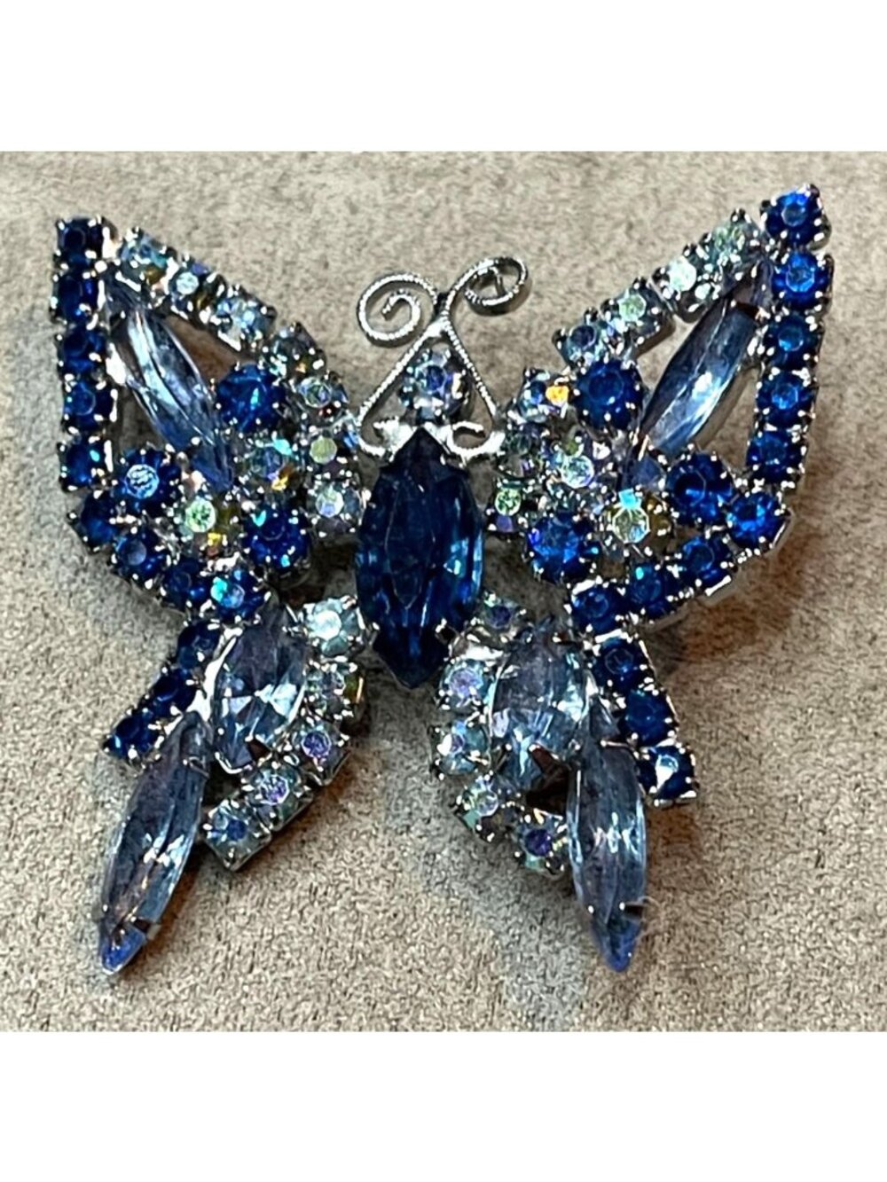 Vintage 50s Blue Rhinestone Aurora Borealis Butterfly Pin MCM